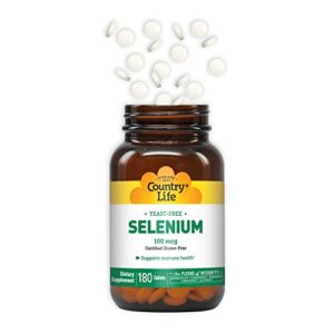 Country Life Selenium, Yeast Free, Supports Immune Health, 100mcg, 180 Tablets, Certified Gluten Free, Certified Vegan, Certified Halal