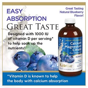 Lifetime High Potency Calcium Magnesium Citrate w/Vitamin D-3 | Bone & Muscle Support | Easy Absorption, Dairy & No Gluten | Blueberry | 16 FL oz