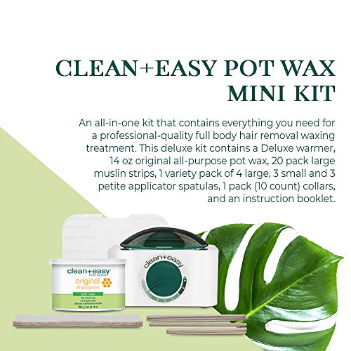 Clean + Easy Pot Wax Mini Kit With Deluxe Warmer, Original Formula Wax, Muslin Strips, Waxing Accessories, (120 V)