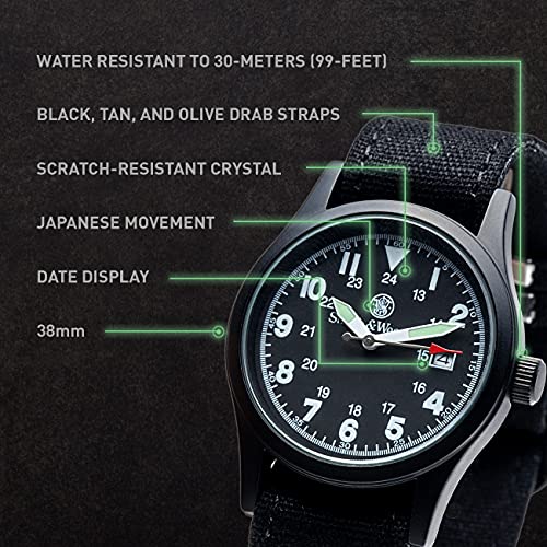 Smith & Wesson Men's Military Watch, 3 Interchangeable Canvas Straps, 3 ATM Water Resistant, Date Display, Scratch Resistant Glass, Suitable for Outdoor Activities, Swimming, 38 mm, Father's Day Gift