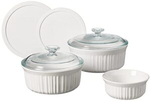 corningware french white 7-pc ceramic bakeware set with lids, chip and crack resistant stoneware baking dish, microwave, dishwasher, oven, freezer and fridge safe
