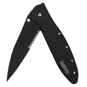 kershaw leek black serrated edc pocketknife, 3" sandvik 14c28n steel blade, assisted opening folding knife