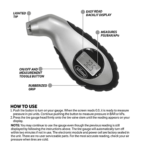 Slime 20017 5-Tire Pressure Gauge, Sport Digital Gauge, 150 PSI, 0.2