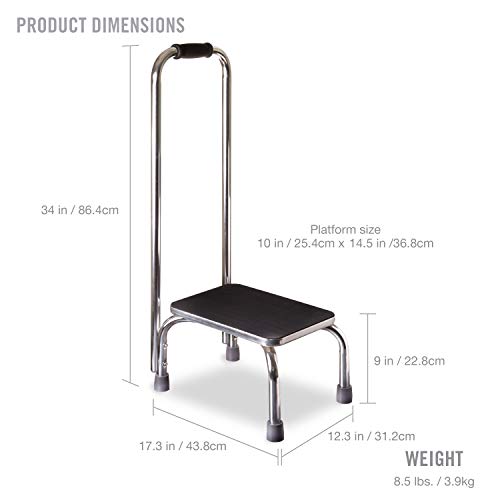 DMI Step Stool with Handle and Non Skid Rubber Platform, Lightweight and Sturdy Stool for Seniors, Adults and Children, Holds up to 300 Pounds with 9.5 Inch Step Up, 17.3"D x 12.3"W x 34"H, Chrome