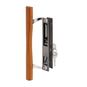prime-line c 1032 keyed sliding glass door handle set – replace old or damaged door handles quickly and easily –wood & black painted diecast, hook style, flush mount, fits 6-5/8” hole spacing (1 set)