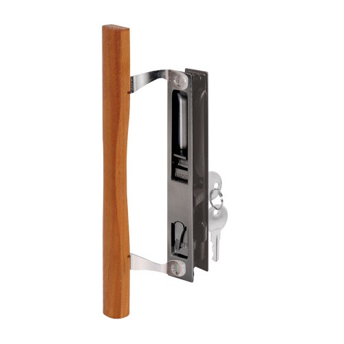 Prime-Line C 1032 Keyed Sliding Glass Door Handle Set – Replace Old or Damaged Door Handles Quickly and Easily –Wood & Black Painted Diecast, Hook Style, Flush Mount, Fits 6-5/8” Hole Spacing (1 Set)