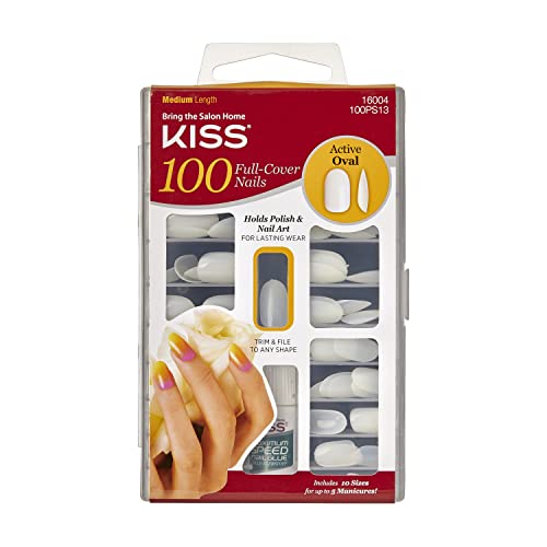 KISS 100 Full Cover Fake Nails Manicure Kit, 10 Sizes, 5 Manicures, Medium Length, Active Oval, 100 Nails