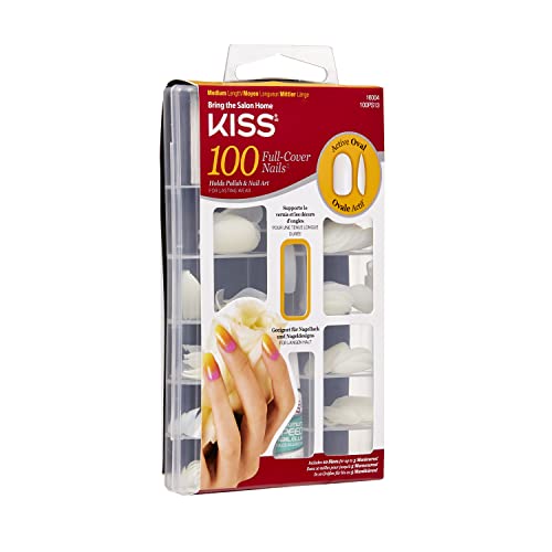 KISS 100 Full Cover Fake Nails Manicure Kit, 10 Sizes, 5 Manicures, Medium Length, Active Oval, 100 Nails