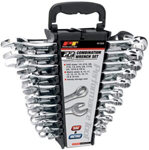 performance tool w1069 22-piece sae and combination metric wrench set with organizer rack