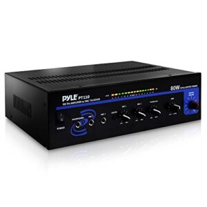 pyle home compact public address mono amplifier - professional 50w mini home power audio sound pa speaker receiver system w/ rca, headphone, 2 microphone inputs, independent volume control - pt110