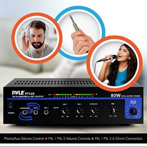 Pyle Home Compact Public Address Mono Amplifier - Professional 50W Mini Home Power Audio Sound PA Speaker Receiver System w/ RCA, Headphone, 2 Microphone Inputs, Independent Volume Control - PT110