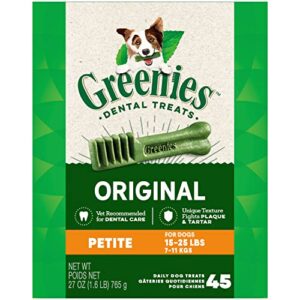 greenies original petite natural dog dental care chews oral health dog treats, 27 oz. pack (45 treats)
