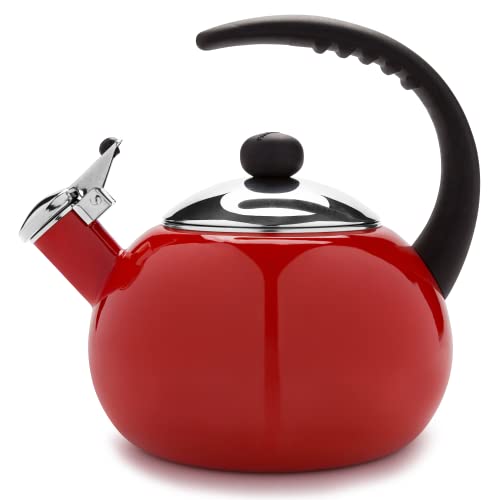 Farberware Luna Water Kettle, Whistling Tea Pot, Works For All Stovetops, Porcelain Enamel on Carbon Steel, BPA-Free, Rust-Proof, Stay Cool Handle, 2.5qt (10 Cups) Capacity (Red)