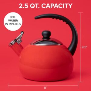 Farberware Luna Water Kettle, Whistling Tea Pot, Works For All Stovetops, Porcelain Enamel on Carbon Steel, BPA-Free, Rust-Proof, Stay Cool Handle, 2.5qt (10 Cups) Capacity (Red)