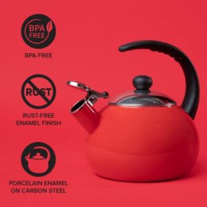 Farberware Luna Water Kettle, Whistling Tea Pot, Works For All Stovetops, Porcelain Enamel on Carbon Steel, BPA-Free, Rust-Proof, Stay Cool Handle, 2.5qt (10 Cups) Capacity (Red)
