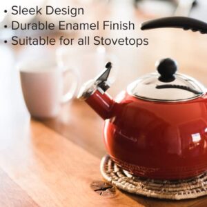 Farberware Luna Water Kettle, Whistling Tea Pot, Works For All Stovetops, Porcelain Enamel on Carbon Steel, BPA-Free, Rust-Proof, Stay Cool Handle, 2.5qt (10 Cups) Capacity (Red)