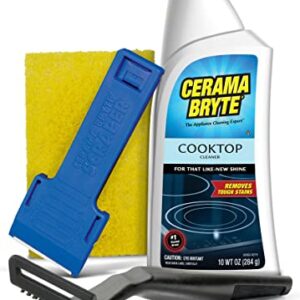 Cerama Bryte Combo Kit POW-R Grip, Scraper, Pad & Removes Tough Stains Cooktop and Stove Top Cleaner for Glass - Ceramic Surfaces, 10 Ounces, 4 Piece