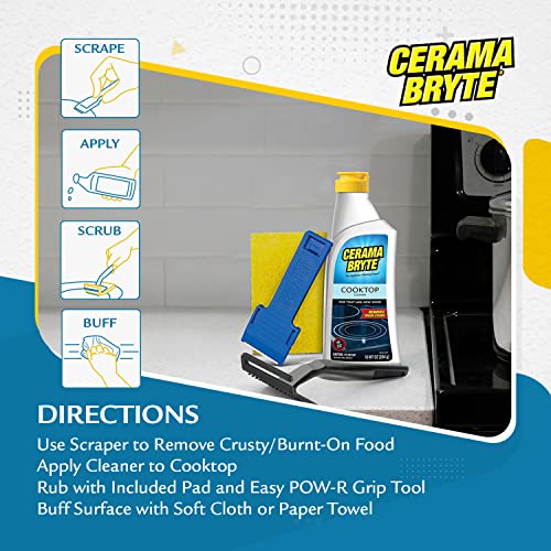 Cerama Bryte Combo Kit POW-R Grip, Scraper, Pad & Removes Tough Stains Cooktop and Stove Top Cleaner for Glass - Ceramic Surfaces, 10 Ounces, 4 Piece