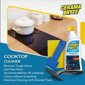 Cerama Bryte Combo Kit POW-R Grip, Scraper, Pad & Removes Tough Stains Cooktop and Stove Top Cleaner for Glass - Ceramic Surfaces, 10 Ounces, 4 Piece