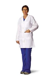 medline women's staff length lab coat, poly/cotton blend, button up, with pockets, for clinics, doctors, lab techs, professional, white, size 6