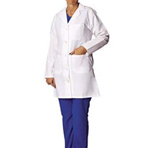 Medline Women's Staff Length Lab Coat, Poly/Cotton Blend, Button Up, with Pockets, for Clinics, Doctors, Lab Techs, Professional, White, Size 6