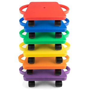 Champion Sports Scooter Board with Handles, Set of 6, Wide 12 x 12 Base - Multi-Colored, Fun Sports Scooters with Non-Marring Plastic Casters for Children - Premium Kids Outdoor Activities and Toys