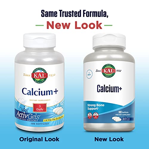 KAL Calcium+ ActivGels 1000mg | Calcium, Magnesium, Zinc and Vitamin D-3 | Formulated to Help Support Healthy Teeth & Bones | Soy Free | 100 Softgels