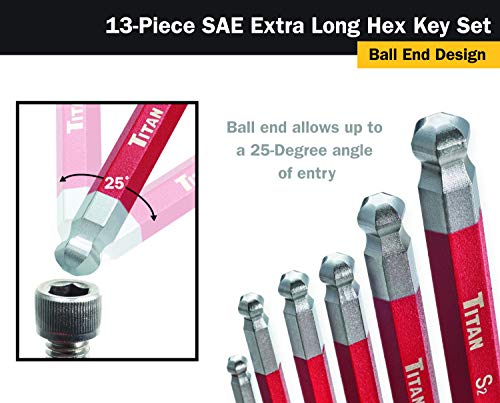 Titan 12713 Extra-Long Arm Ball Tip SAE Hex Key Set, 13 Piece , Red