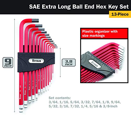 Titan 12713 Extra-Long Arm Ball Tip SAE Hex Key Set, 13 Piece , Red