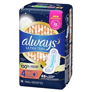 always ultra thin feminine pads for women with wings, size 4, overnight absorbency, unscented, 28 count (pack of 1)