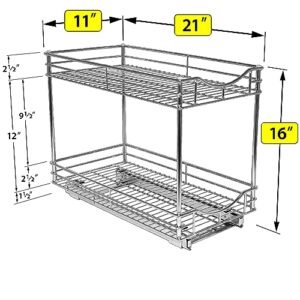 LYNK PROFESSIONAL® Pull Out Cabinet Organizer (Double) Slide Out Drawers for Kitchen Cabinets - Lifetime Limited Warranty - Sliding Pantry Shelves - Roll Out Shelf for Pots, Pans - 11"D x 21"W Chrome