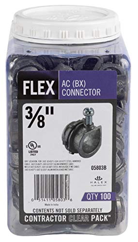 Halex – 3/8 Inch Flexible Metal Conduit (FMC) AC (BX) Connectors– 05803B – 100 Per Pack – Silver