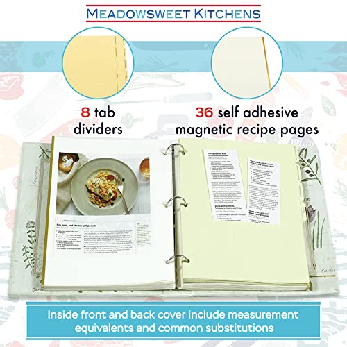 Meadowsweet Kitchens Collected Recipes Cookbook-3 Ring Binder W/8 Tab Dividers W/Categories, Make Your Own Cookbook, 36 8 1/2 x 11 Self-Adhesive ("Magnetic Pages") Recipe Pages - Botanical Treasures