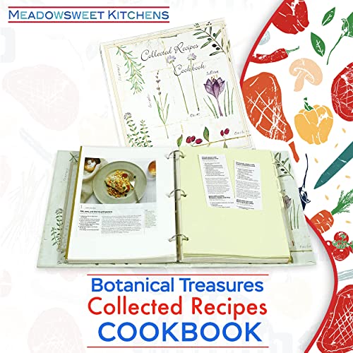 Meadowsweet Kitchens Collected Recipes Cookbook-3 Ring Binder W/8 Tab Dividers W/Categories, Make Your Own Cookbook, 36 8 1/2 x 11 Self-Adhesive ("Magnetic Pages") Recipe Pages - Botanical Treasures