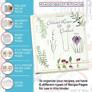 Meadowsweet Kitchens Collected Recipes Cookbook-3 Ring Binder W/8 Tab Dividers W/Categories, Make Your Own Cookbook, 36 8 1/2 x 11 Self-Adhesive ("Magnetic Pages") Recipe Pages - Botanical Treasures