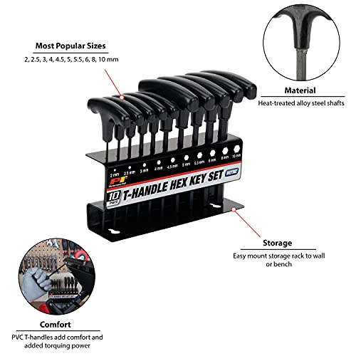 Performance Tool W80275 10-Piece Metric T-Handle Allen Wrench Set, Long Arm Hex Key Wrench Set