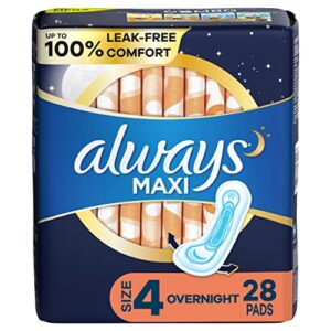 always maxi feminine pads for women, size 4 overnight absorbency, without wings, unscented, 28 count