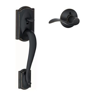 schlage fe285 cam 716 acc rh camelot front entry handleset with right-handed accent lever, lower half grip, aged bronze, standard interior trim
