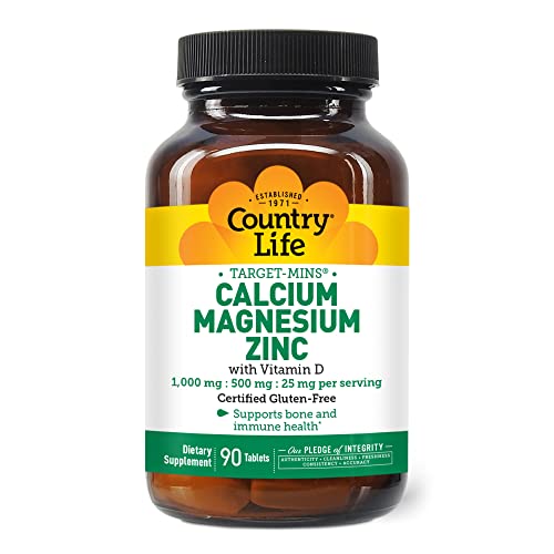 Country Life Target Mins Calcium-Magnesium Zinc with Vitamin D, 1000mg/500mg/25mg 90 Count, Certified Gluten Free, Certified Vegan