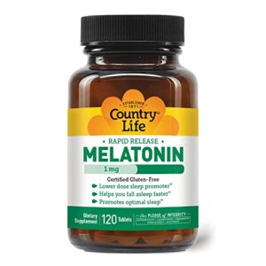 country life melatonin, promotes optimal sleep, 1mg, 120 tablets, certified gluten free, certified vegan, non-gmo verified