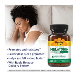 Country Life Melatonin, Promotes Optimal Sleep, 1mg, 120 Tablets, Certified Gluten Free, Certified Vegan, Non-GMO Verified