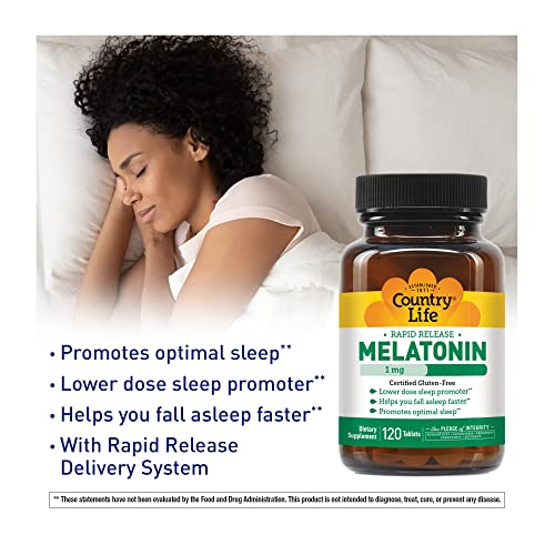 Country Life Melatonin, Promotes Optimal Sleep, 1mg, 120 Tablets, Certified Gluten Free, Certified Vegan, Non-GMO Verified