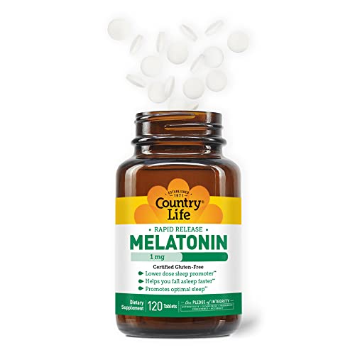 Country Life Melatonin, Promotes Optimal Sleep, 1mg, 120 Tablets, Certified Gluten Free, Certified Vegan, Non-GMO Verified