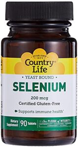 country life selenium, yeast bound, supports immune health, 100mcg, 90 tablets, certified gluten free, certified vegan, certified halal