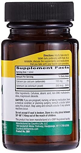 Country Life Selenium, Yeast Bound, Supports Immune Health, 100mcg, 90 Tablets, Certified Gluten Free, Certified Vegan, Certified Halal