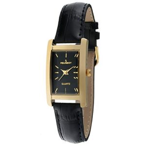 peugeot women's classic 14kt gold plated watch, rectangular tank shape case with leather band and easy to read dial
