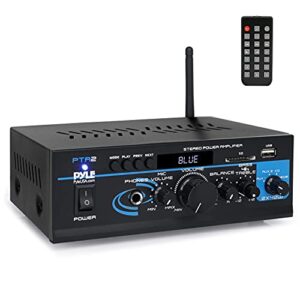 pyle home audio power amplifier system - 2x40w bluetooth mini dual channel mixer sound stereo receiver box w/ aux, mic input - for amplified speakers, pa, cd player, theater via rca, studio use - pta2