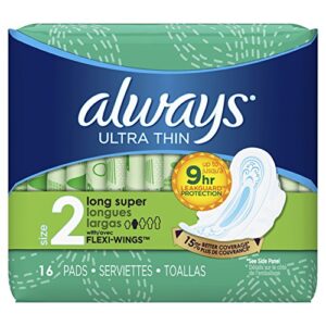 always ultra thin, size 2, super pads with wings, unscented, 16 count