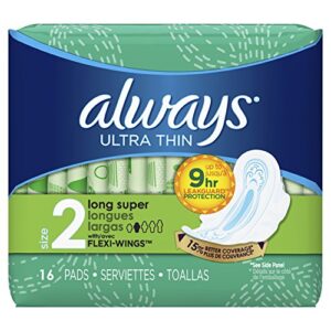 Always Ultra Thin, Size 2, Super Pads With Wings, Unscented, 16 Count