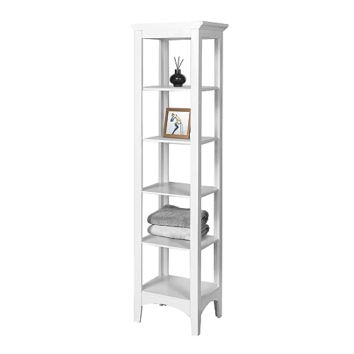 Teamson Home Madison Linen Tower Freestanding Cabinet Tall Narrow Bathroom Kitchen Living Room Storage with 5 Tier Shelves, White